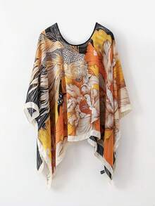 FADZOYLE 1pc Versatile Elegant Floral Print Lightweight Pullover Shawl Poncho Blouse For Women Beach Sun Protection Outerwear Loose Shawl Suitable For Daily Wear, Matching, Decorative Accessory - Multicolor - View 5