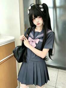 Kawaii Academy 風格水手領 Cosplay 制服，灰色與粉色搭配領結與百褶裙，3 件組 JK 水手服秋季款 - 灰色 - 查看 5