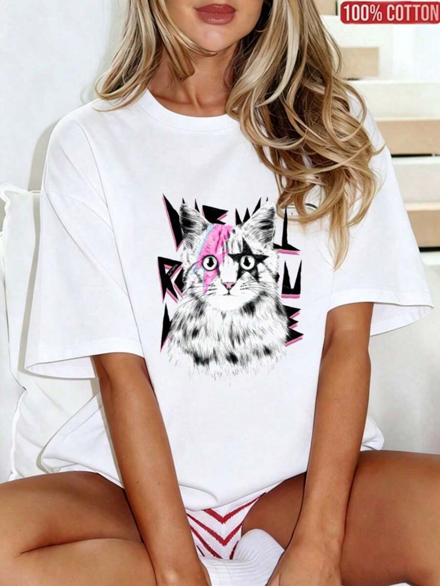 1 Piece, 100% Cotton. Loose-Fitting T-Shirt, 100% Cotton, Summer Short-Sleeved Round Neck T-Shirt, Oversized, Spring/Summer Tops, 100% Cotton, Short-Sleeved T-Shirt For Women, Colorful Slogan Print "Sunshine In My Heart", Solid Color Round Neck, Soft And Comfortable, Casual, Streetwear, Y2K, Beach, Graduation Party, Vacation, Top, Summer, Spring, T-Shirt, Gym, Sports, Party Top, Blouse, Roman Style, Vintage, Carnival, Spring, May, Women's Tops, Spring Outfit, Jersey, Summer Clothing, Funny T-Shirts, Vacation, Beach, Casual, Cute Tops, Black Tops, Tops, Summer Tops, Easter Clothing For Women, Carnival, All Seasons, Office/Lounge/Home/Minimalist, Western Style, Outfit, Retro Style - White - View 1