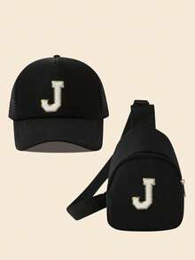 2piezas/Set Gorra de béisbol para niña con 26 letras Gorra de camión & Bolso de hombro mini Set, Monedero ligero y portátil, Para protección solar diaria al aire libre - Negro - Ver 12