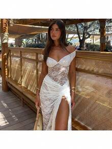 Vestido largo blanco de encaje para mujer con hombros descubiertos, elegante vestido ajustado transparente para invitada de boda o fiesta, con detalle fruncido y abertura en el muslo. - Blanco - Ver 4