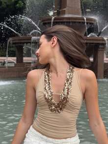 Sexy Sequin Patchwork Camisole Sleeveless Crop Top, Stylish Design For Summer - Apricot - View 4