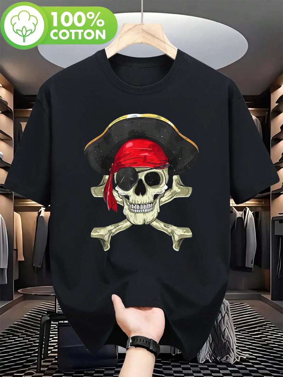 Women's Pirate Skull And Crossbones T-Shirt - Regular Fit, With Jolly Roger, Skull, Crossbones And Tricorn Hat Print (No Tricorn Hat Print) - Machine Washable, Ideal For Casual And Costume Parties, Halloween, Pirate Events, Adult Sizes - 黑色 - 查看 1