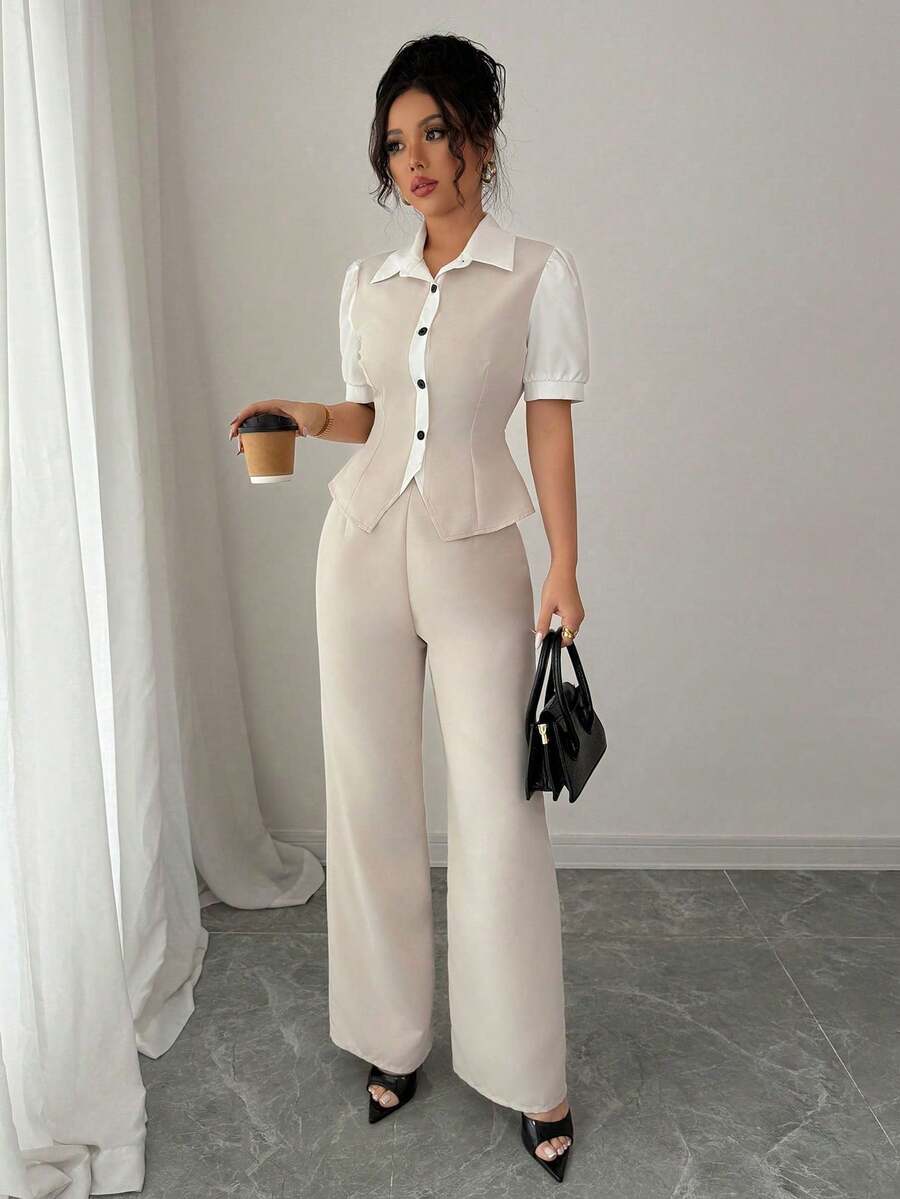 Conjunto de 2 piezas para mujer, casual, con empalme, decoración de botones en contraste y manga corta - Beis - Ver 1