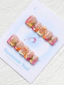 10PCS -Handmade Press On Nails, Square Shape, Fake Nails, Y2K Style, Sturdy Quality, Reusable, Pink, Matching French Style, 3D, Suitable For Daily Wear, Parties,Vacation, And Also The Best Holiday Gift For Girls And Women. - Orange - View 2