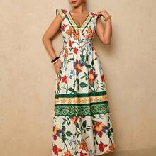 LunaCass8  Vestido largo de mujer talla grande con estampado floral tropical, cuello en V, mangas con volantes, cintura ceñida y falda en línea A, vestido romántico para vacaciones en primavera temprana - Rosa - Ver 9