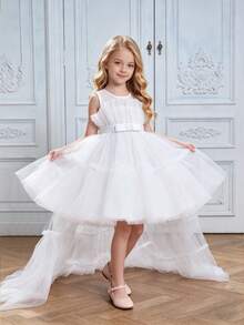 Girls' Elegant Bowknot Tulle Trailing Puff Dress, Suitable For Birthday Party, Banquet, Does Not Include Headband - White - View 6