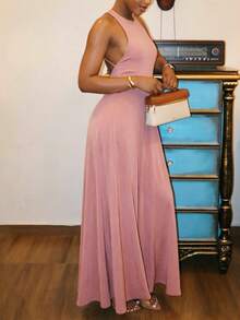 1pc Solid Color Sexy Casual Knit Backless Dress, Suitable For Office And Street Wear - Pink - View 2