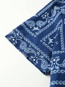 Conjunto de camisa de manga corta de un solo pecho con estampado de cachemira ligera & pantalones cortos para hombre, cintura elástica con cordón y bolsillos, conjunto de 2 piezas de camisa con patrón floral de nuez de la oeste vintage + pantalones cortos bermuda, adecuado para estilo callejero, uso diario, viajes de vacaciones - azul real - Ver 8