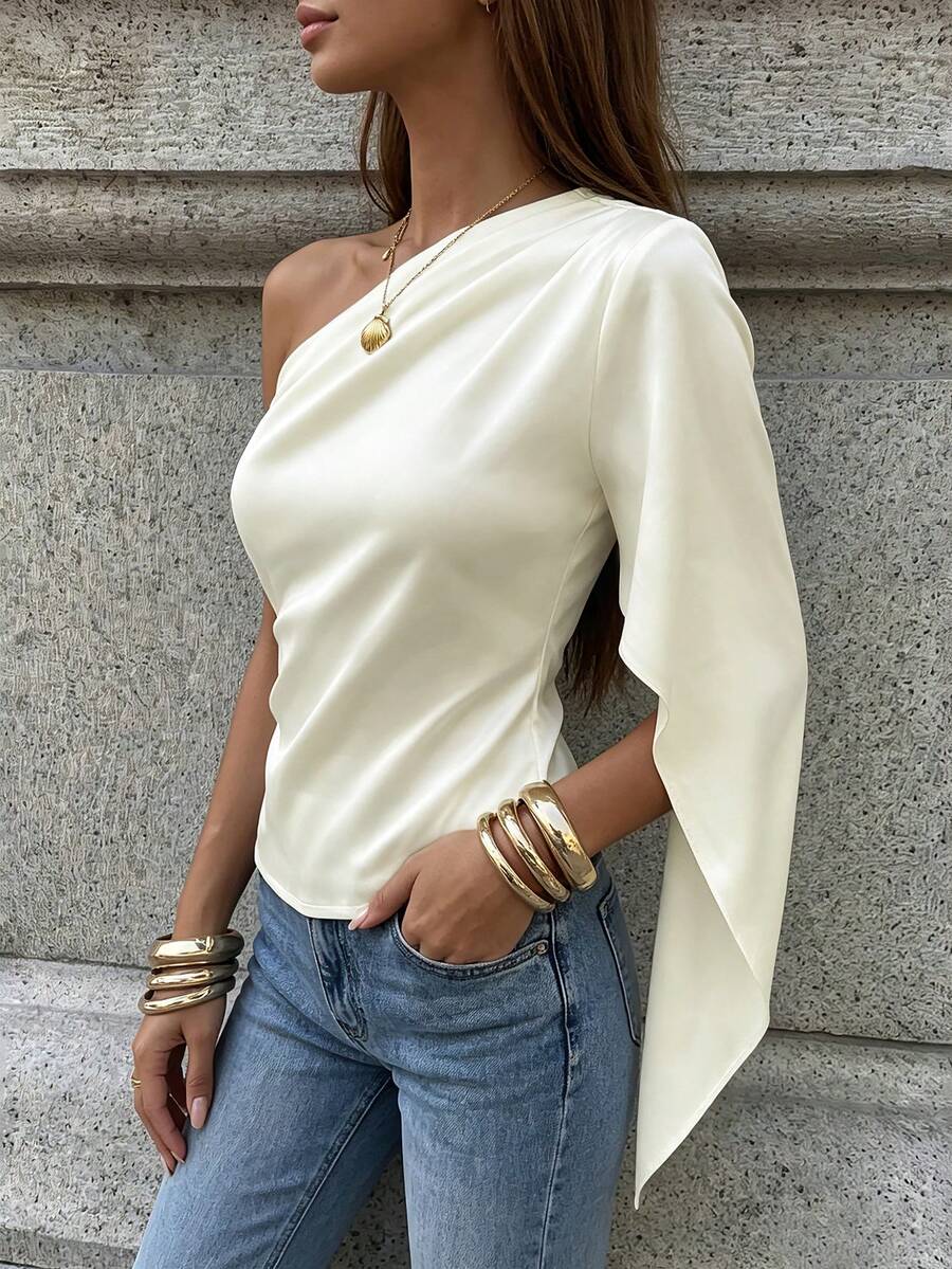Áo blouse satin vai lệch kiểu Pháp, hiệu ứng rủ thanh lịch tôn dáng, áo trễ vai cổ chéo tối giản, áo thun mùa hè
