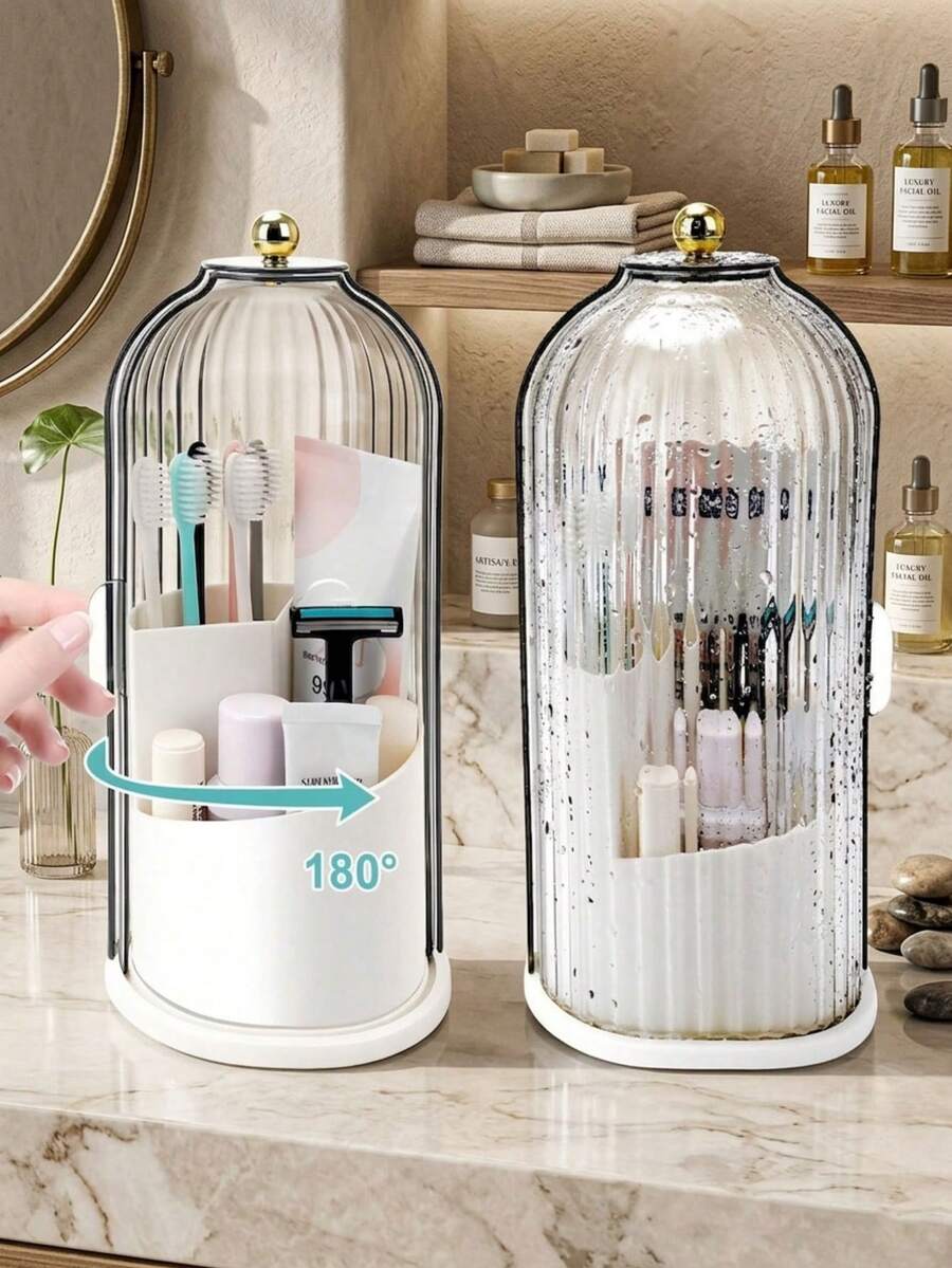 Slide Cover Storage Box, Back-To-School, School Supplies, With Sliding Cover, 3 Compartments Dust-Proof Storage Box, Suitable For Toothbrushes And Makeup Brushes, 360° Rotating White Countertop Dresser Storage, Anti-Slip Drainage Design - Multicolor - View 1