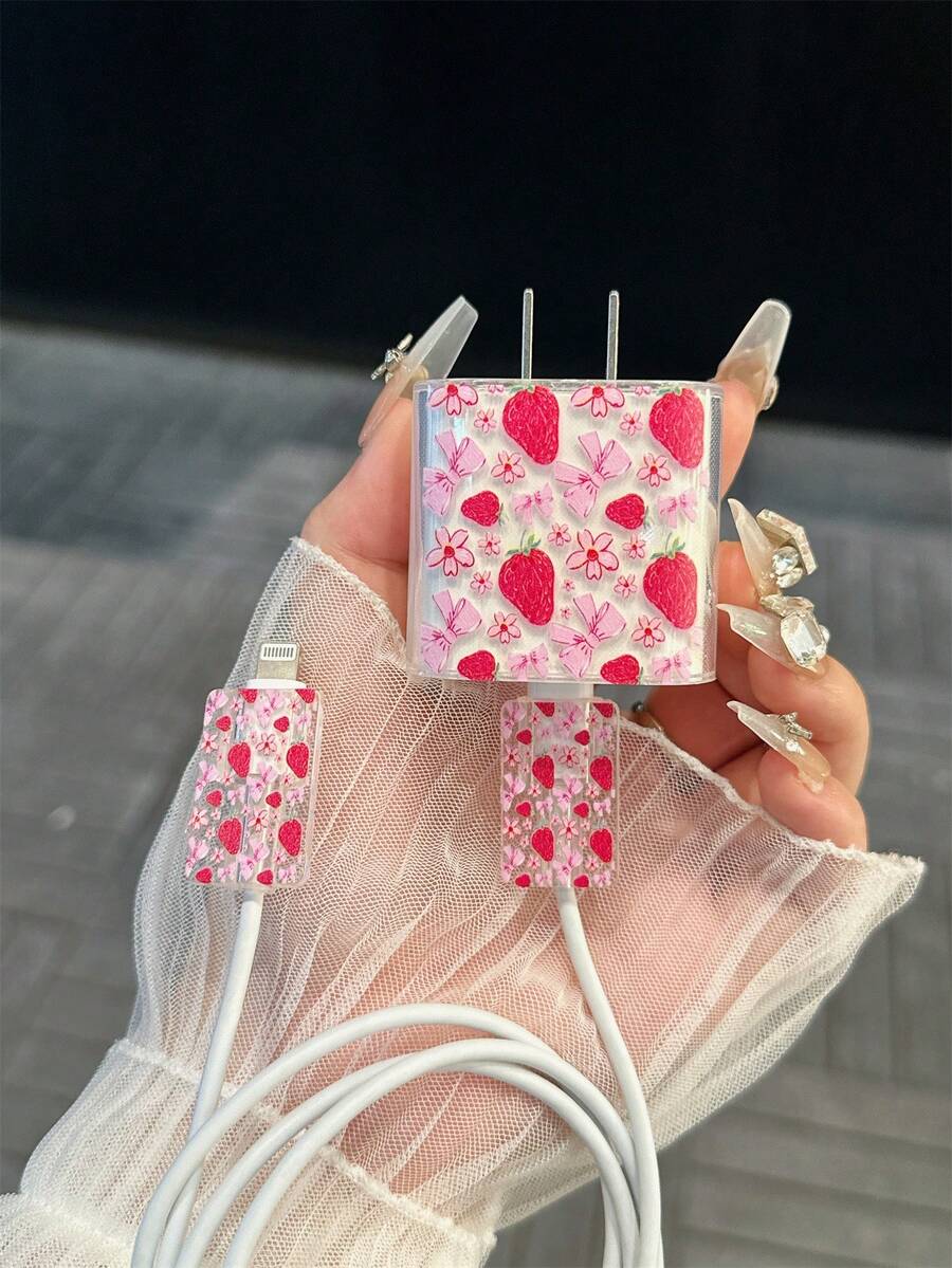 4件組花卉與草莓圖案TPU充電器保護套,適用於 13/14/15,適配18W/20W適配器 - 包含線材與接頭保護蓋,理想禮物 - 彩色 - 查看 1