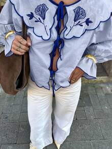 春秋女款綁帶領翻領荷葉邊喇叭袖襯衫，甜美優雅婚禮海灘度假上衣 - 天藍 - 查看 3