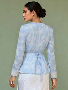 1pc Elegant Lace Patchwork Long Sleeve Blouse, Blue - Baby Blue - View 2