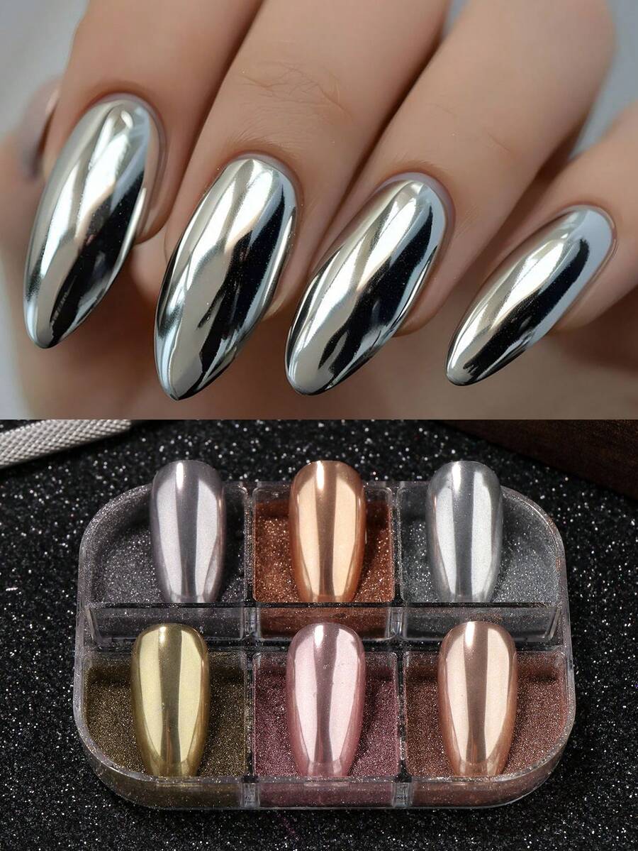 6 Grilles Poudre Miroir Magique Métallique pour Nail Art Poudre Holographique Scintillante Argent Champagne Doré Paillettes pour Ongles DIY Poudre de Frottage Pigment Décoration Manucure - Multicolore - Voir 1