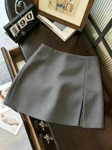 Falda de unicolor elegante, adecuada para negocios, viajes, estilo vintage romántico, casual de calle, citas, cenas, vacaciones y reuniones. Diseño con abertura lateral a la moda y sexy para primavera y verano - Gris - Ver 1