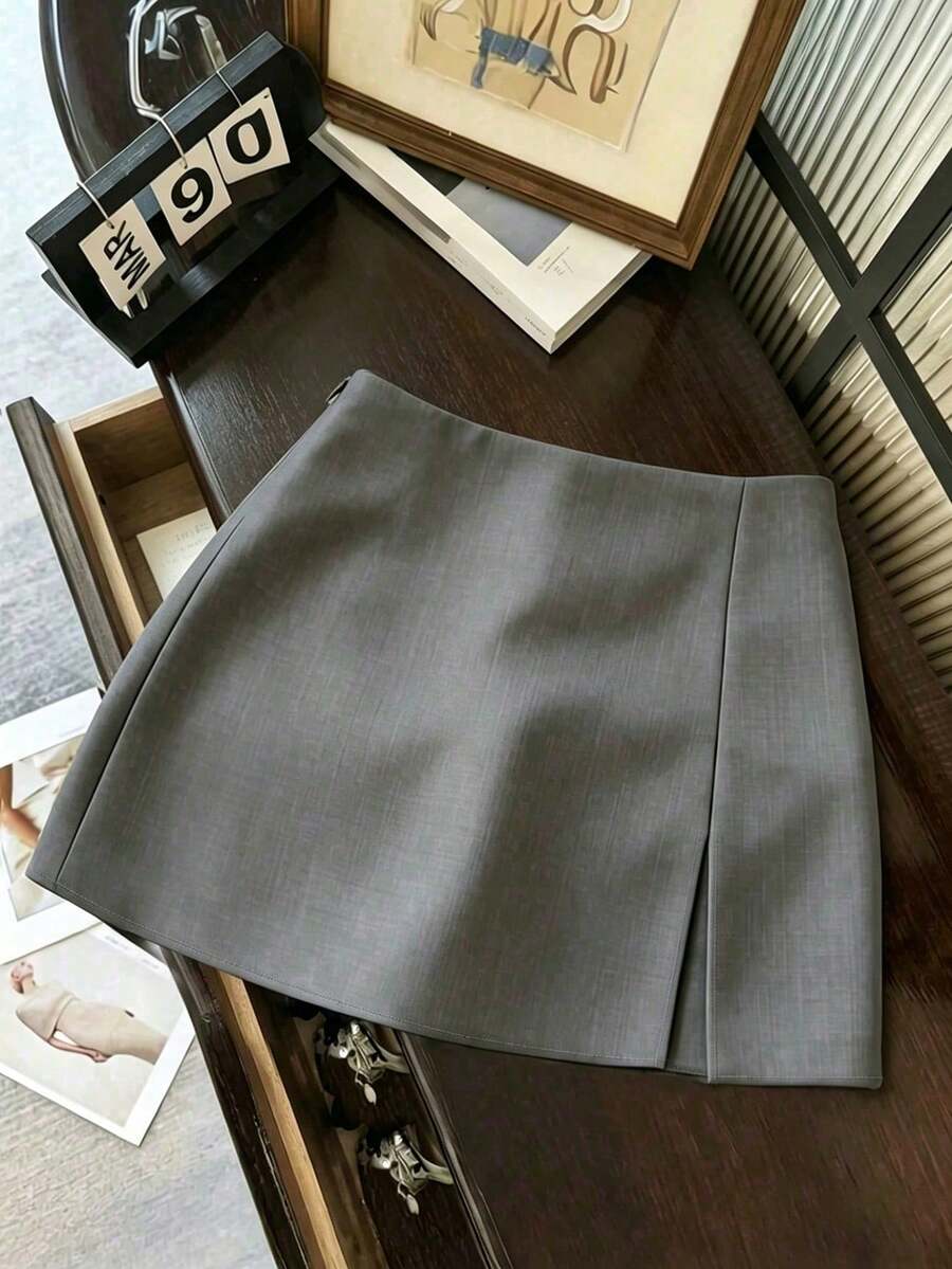 Falda de unicolor elegante, adecuada para negocios, viajes, estilo vintage romántico, casual de calle, citas, cenas, vacaciones y reuniones. Diseño con abertura lateral a la moda y sexy para primavera y verano - Gris - Ver 1