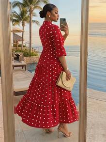 SHEIN Lady CURVE 大码女式夏季树叶印花 7 点袖 V 领长款宽松休闲假日连衣裙夏季波西米亚风复古款 - 紅色 - 查看 2