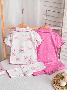 4pcs/Set Sweet & Cute Spring/Summer Girls Pajamas, Bow/Rabbit/Polka Dot Pattern Short Sleeve Top + Long Pants, Soft & Comfortable - Multicolor - View 3