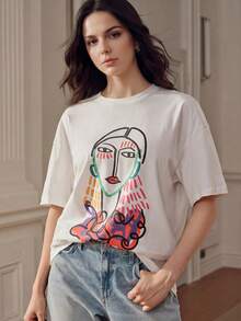 White Short Sleeve T-Shirt With Colorful Line Portrait Graphic Design, Summer - White - View 1