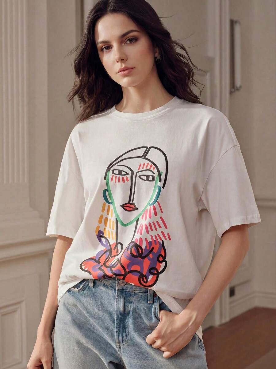 White Short Sleeve T-Shirt With Colorful Line Portrait Graphic Design, Summer - White - View 1