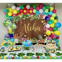 1 pieza Pancarta de fondo para fiesta de verano Aloha Luau, fondo de flamenco hawaiano, pancarta de decoración de madera con hojas de palma y flores, adecuada para fiesta de cumpleaños, pancarta para mesa de pastel, fondo de fotografía para decoración de fiesta temática - perfecta para decoración de sala de celebración, decoración de eventos interiores & exteriores, suministros para fiestas, celebración de vacaciones, aniversario, fiesta de regalos, sin necesidad de electricidad, esencial para la planificación de eventos - Multicolor - Ver 4