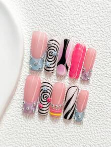 10pcs/Set Ongles à presser style Y2K faits main, décorations d'art des ongles en spirale, imprimé léopard et boule 3D, vernis à ongles bleu, violet, rose et noir, style décontracté, avec outils à ongles (1 pièce autocollant gelée + 1 pièce lime à ongles), 3 tailles disponibles, forme amande, canard, cercueil, convient pour fête, quotidien, fête, photographie, printemps/été - Multicolore - Voir 19