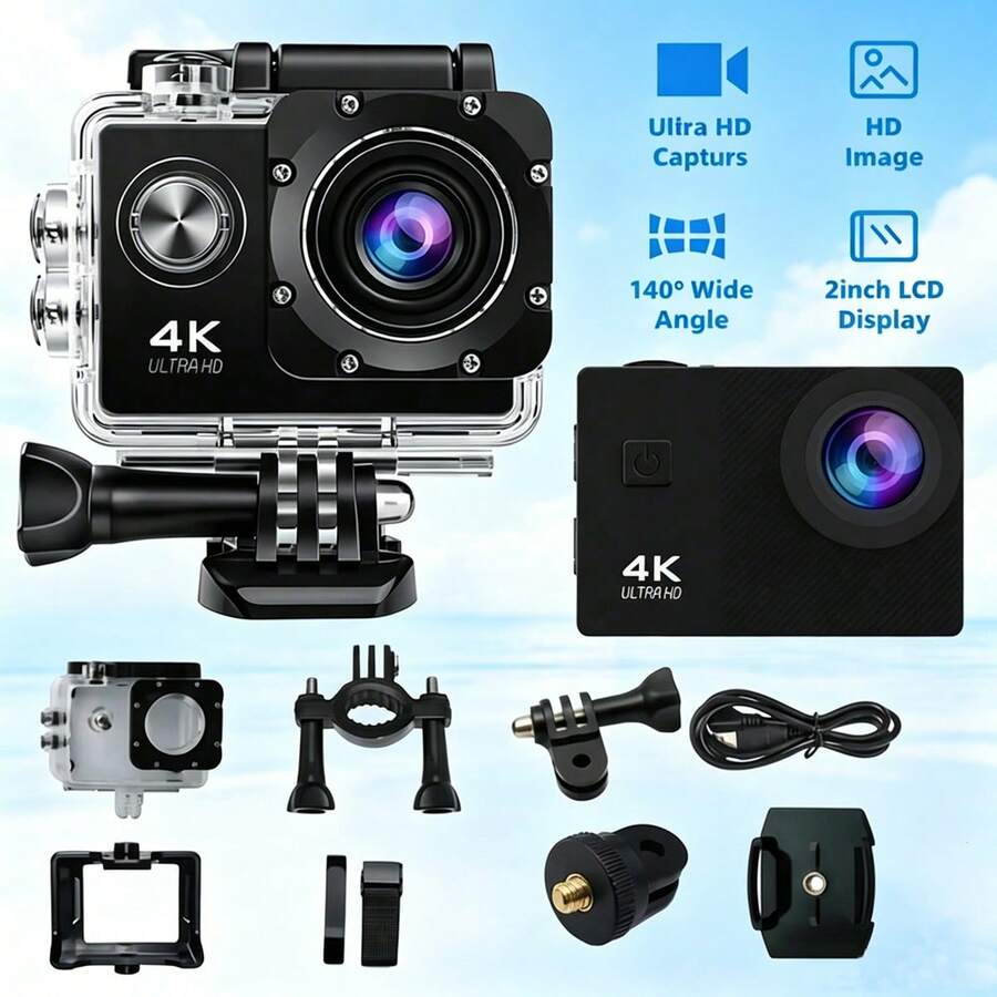1080P HD Action Camera, 2-Inch LCD Screen, 140° Wide Angle, Digital Image Stabilization, Rechargeable Battery, Suitable For Bicycle And Helmet Mounts, For Cycling, Vlogging And Outdoor Video Recording (MP4 Format) - 查看 1