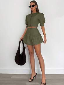 Elegant Solid Color Top And Skirt Set For Women - 軍綠色 - 查看 2