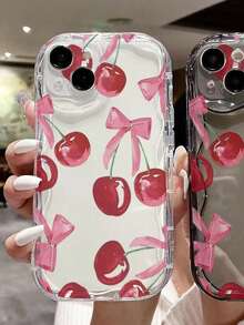 1pc Transparent 3D Wave Texture Phone Case With Red Cherry And Bow Pattern, Compatible With 17Promax/16Promax/15Promax/17Pro/16/15/14/13/12/11 - Clear - View 4