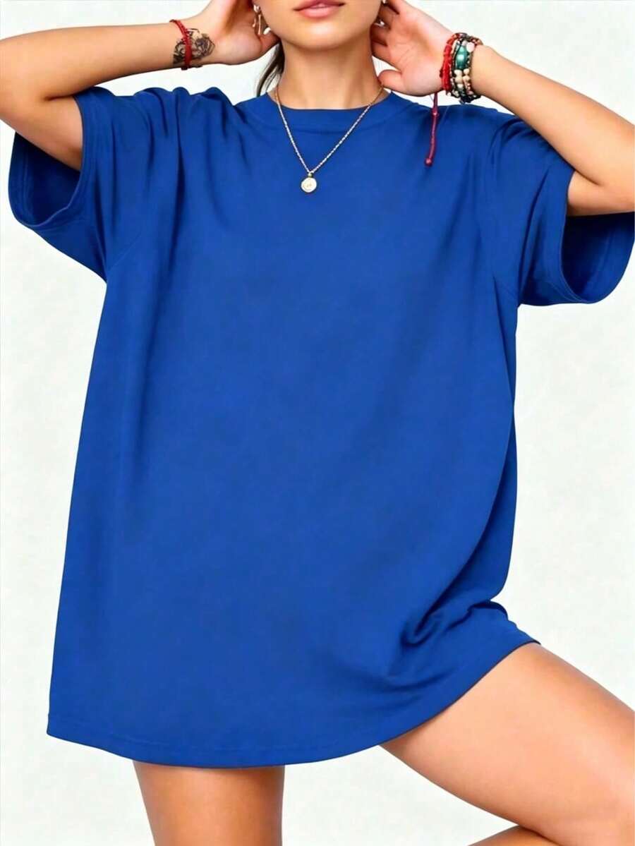 2026 Women's Quality Casual Cotton T-Shirt, Loose Fit Short Sleeve Crew Neck T-Shirt For Spring/Summer - Unisex, Loose Fit, Comfortable, Urban Vintage Style - Unisex Basic T-Shirt - 藍色 - 查看 1