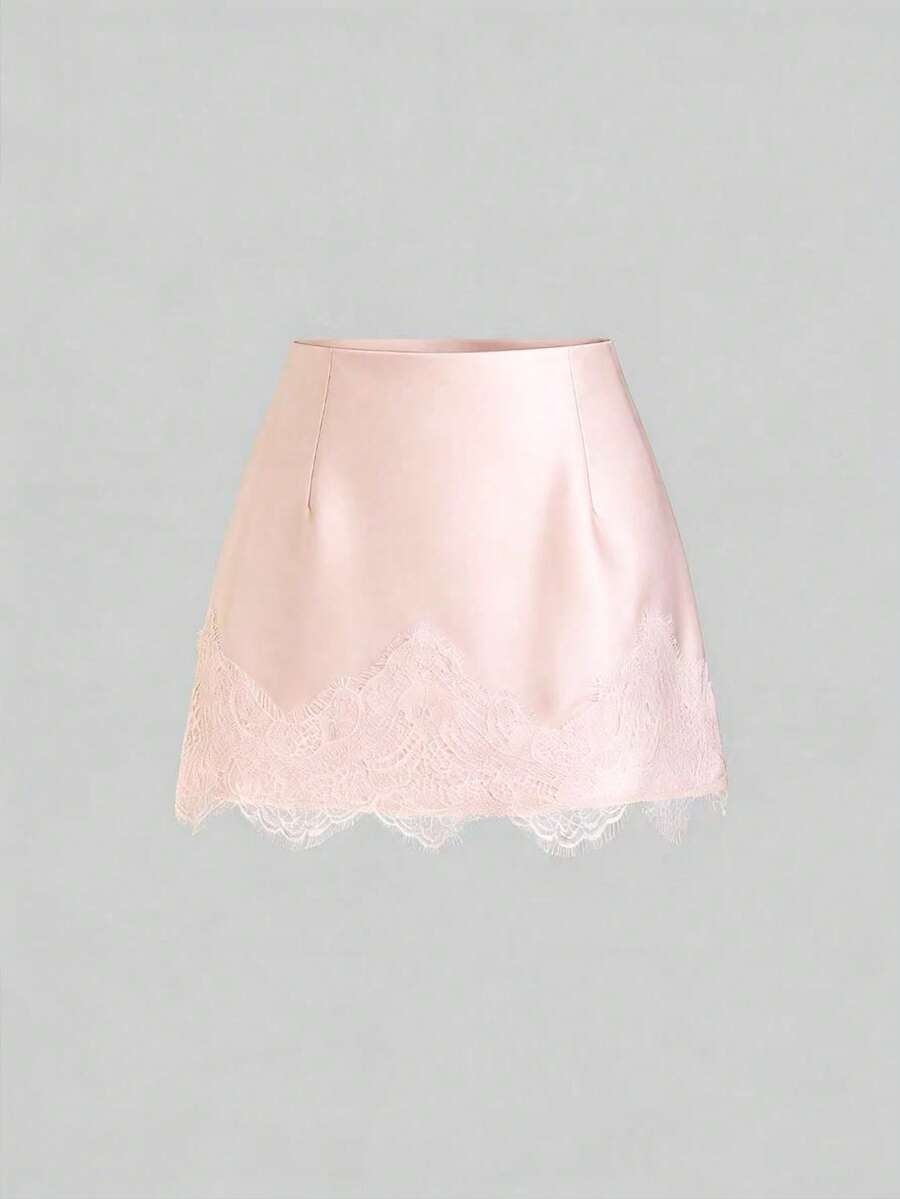CZJ Falda casual de satén marrón con estampado floral retro francés elegante, nueva llegada chic de principios de primavera - Rosa - Ver 1