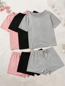 6 Peças Conjunto de Pijama Feminino com Regata e Shorts de Cor Sólida, Roupa de Descanso Minimalista e Confortável Adequada para Primavera/Verão, Conjunto de Combinação Preto/Cinza/Rosa - Multicolorido - Visão 3