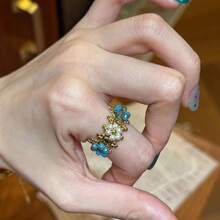 American Retro Oval Turquoise Exquisite Faux Pearl Asymmetric Geometric Ring For Women, Elegant Blue Flower Metal Multi-Layer Ring Gift - Multicolor - View 6