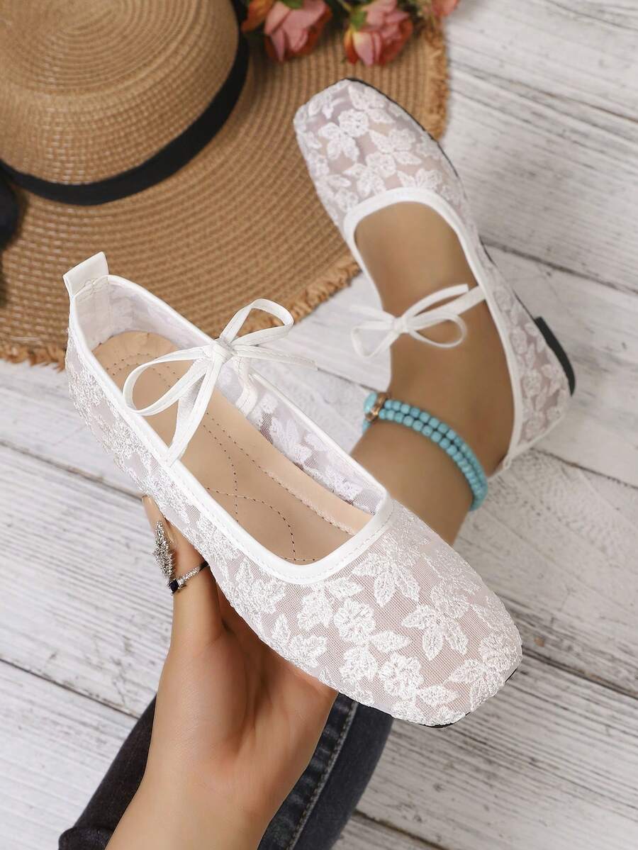 Spring/Summer Breathable Shallow Square Toe Bow Flat Shoes, Daily Commute Versatile Fairy Shoes, Mesh Embroidery Mary Jane Shoes For Women - White - View 1