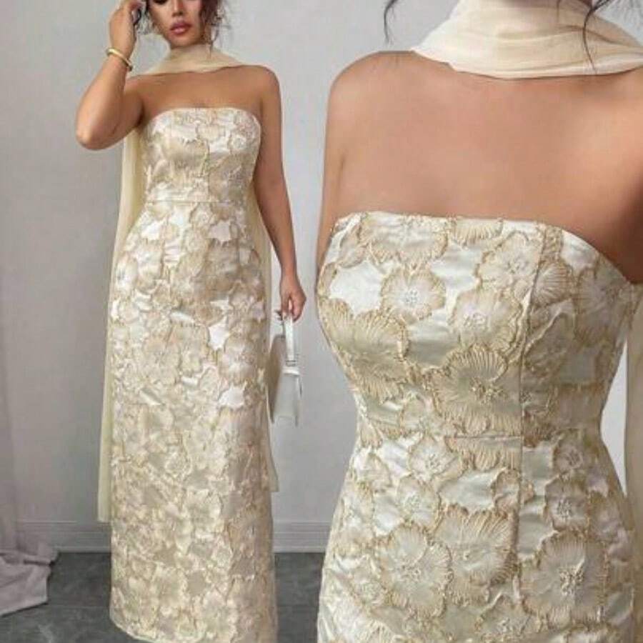 LunaCass8  Vestido  con cintura ceñida, escote sin tirantes, cuello con lazo, de tela jacquard con estampado floral rosa y dorado, elegante y romántico, adecuado para citas, compras, festivales de música y talla grande, primavera/verano - Champán - Ver 1