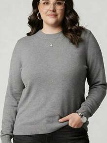 Vivi Women's Plus Size Knit Blouse For Cold Weather, Basic Long Sleeve, Autumn/Winter - 淺灰色 - 查看 3