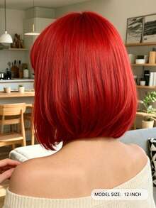 12 Inch Red Bob Wig With Bangs, Short Straight Heat-Resistant Synthetic Fiber Wig, Suitable For Party, Halloween And Daily Wear - Red - View 5