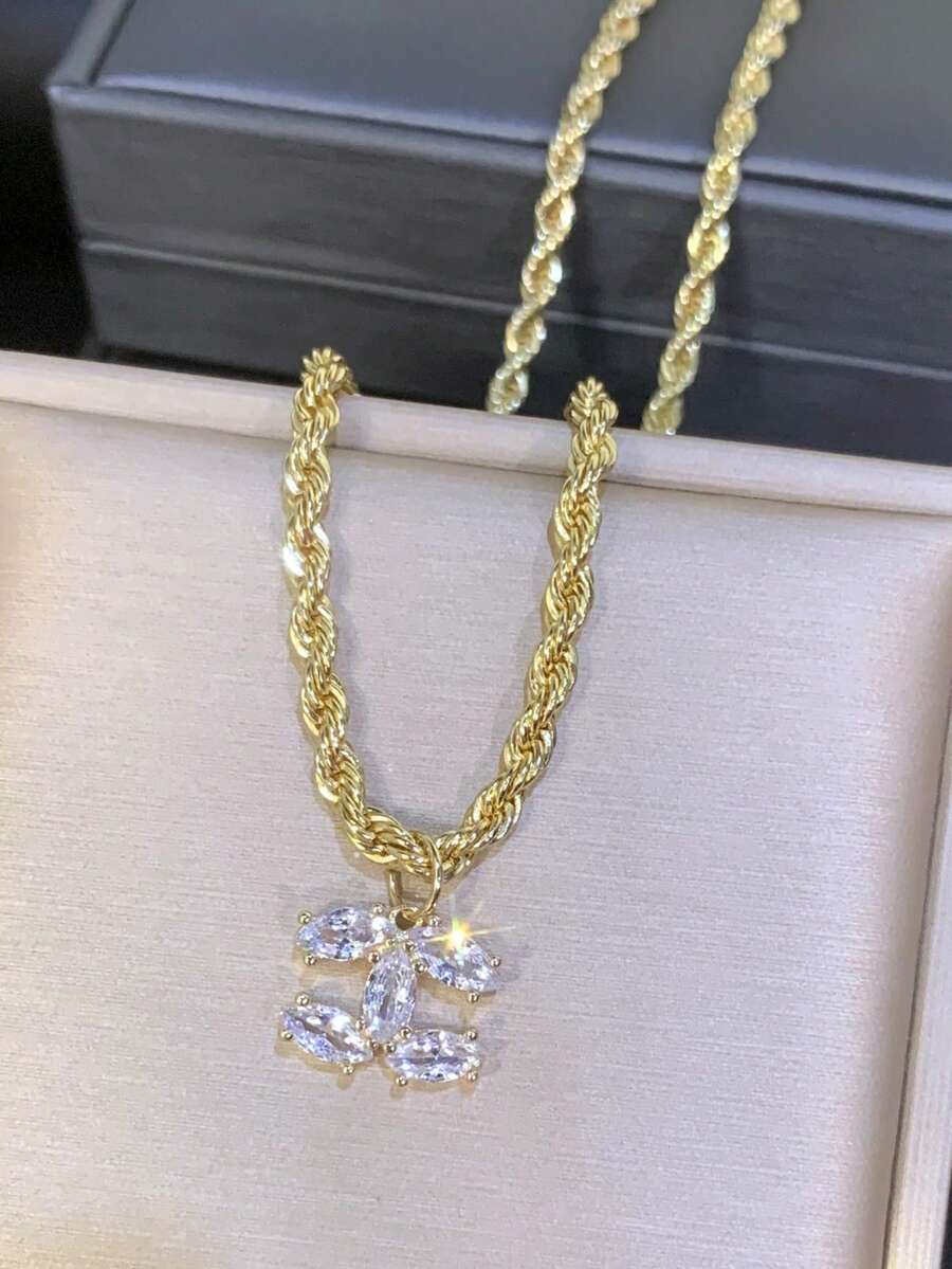 1件時尚優雅獨特金色扭鍊水鑽吊墜項鍊，適合女性 (LADYCOCO 新款)