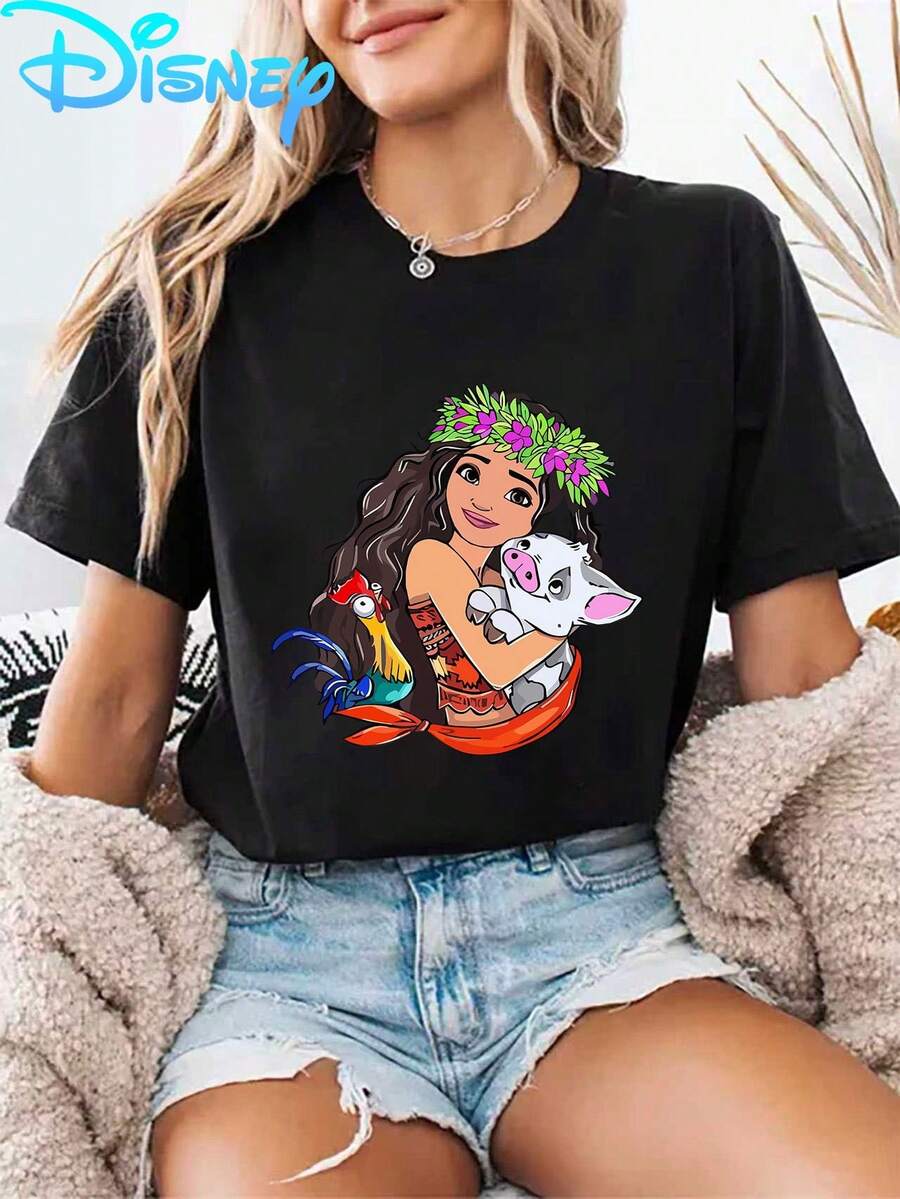 Disney-Licensed T-Shirt With Moana's Cute Pig And Chicken Print, Featuring A Tropical Pet Design. It Is A Stylish, Casual, And Comfortable Short-Sleeve Shirt For Women, Perfect For Summer Outdoor Activities, Fitness, And As Breathable Clothing. - 黑色 - 查看 1