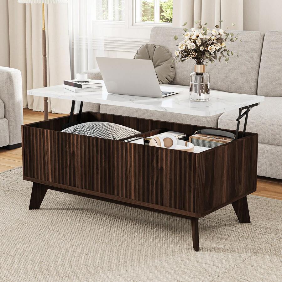 Lazyspace Tavolino regolabile in altezza, tavolino con vano contenitore, tavolino laterale, tavolino basso da soggiorno, stile scandinavo, colore legno naturale, 105 x 32 x 42 cm - Noce - Visualizzare 1