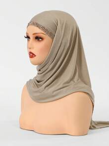 1pc Women's Solid Color Self-Tie Rhinestone Headscarf, Soft Breathable Moisture-Wicking Silky Cotton Rhinestone Triangle Scarf, Fashionable And Practical, Muslim Rhinestone Headscarf With Elastic Band, Convenient Quick Wear And Non-Slip, No Need For Pins, Suitable For Daily Styling, Running, Yoga, Fitness, Camping Or Vacation - Multi-color - Rhinestone Design - View 9