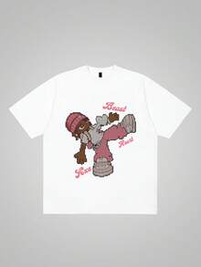 Tela suave y agradable al tacto, estilo básico para todas las estaciones, estampado creativo de chica hip-hop, camiseta de manga corta de algodón puro estilo casual urbano americano, camiset - Blanco - Ver 1