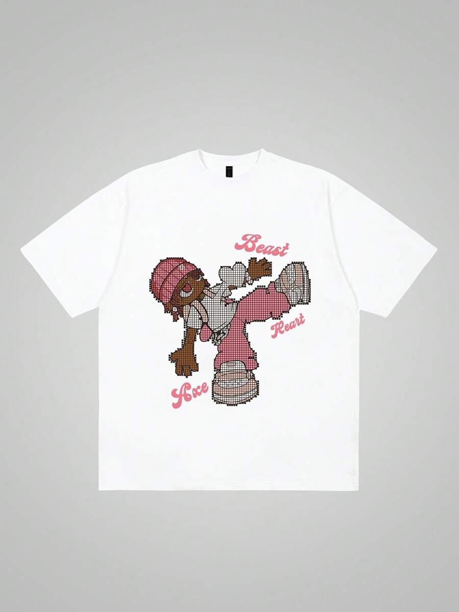 Tela suave y agradable al tacto, estilo básico para todas las estaciones, estampado creativo de chica hip-hop, camiseta de manga corta de algodón puro estilo casual urbano americano, camiset - Blanco - Ver 1