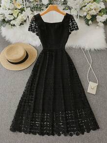 Vestido maxi elegante de verano para mujer con cintura con cordón de encaje - Negro - Ver 1