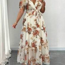 Nana's Women's Clothing Store  Vestido elegante de mujer con cuello en V, manga abullonada, lunares y cintura con lazo, para primavera/verano - Blanco y Negro - Ver 5