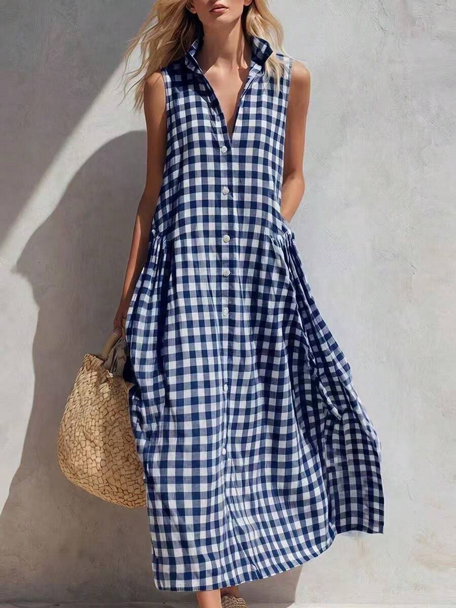 2026 Summer New Loose Comfortable Sleeveless Plaid Women's Dress - Blue - View 1