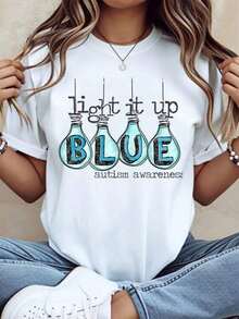 Camiseta Azul "Light It Up" para la Concientización sobre el Autismo para Mujeres, Regalo de Apoyo al Autismo con Diseño de Bombilla - Blanco - Ver 2