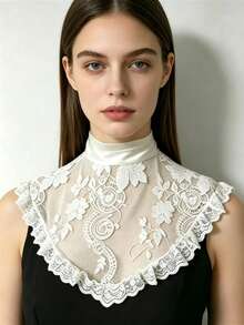 1 pièce Faux col de châle en dentelle pour femme, col de chemise de style élégant et décontracté, peut être associé à des t-shirts, des pulls, des sweats-shirts, peut couvrir la poitrine - Blanc - Voir 3