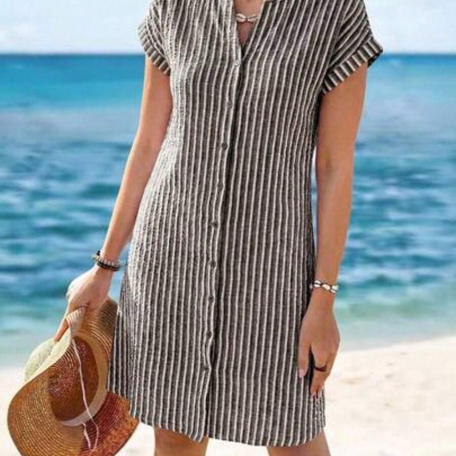 dahkjdgajy Vestido camisero de verano para mujer, de manga corta, cuello en V y rayas, hasta la rodilla, vestidos de verano para mujer, vacaciones - Blanco y Negro - Ver 1